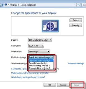 Duplicate these displays option selected under Multiple displays select box on Screen Resolution settings screen