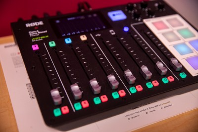 Rodecaster mixing board inside podcast studio